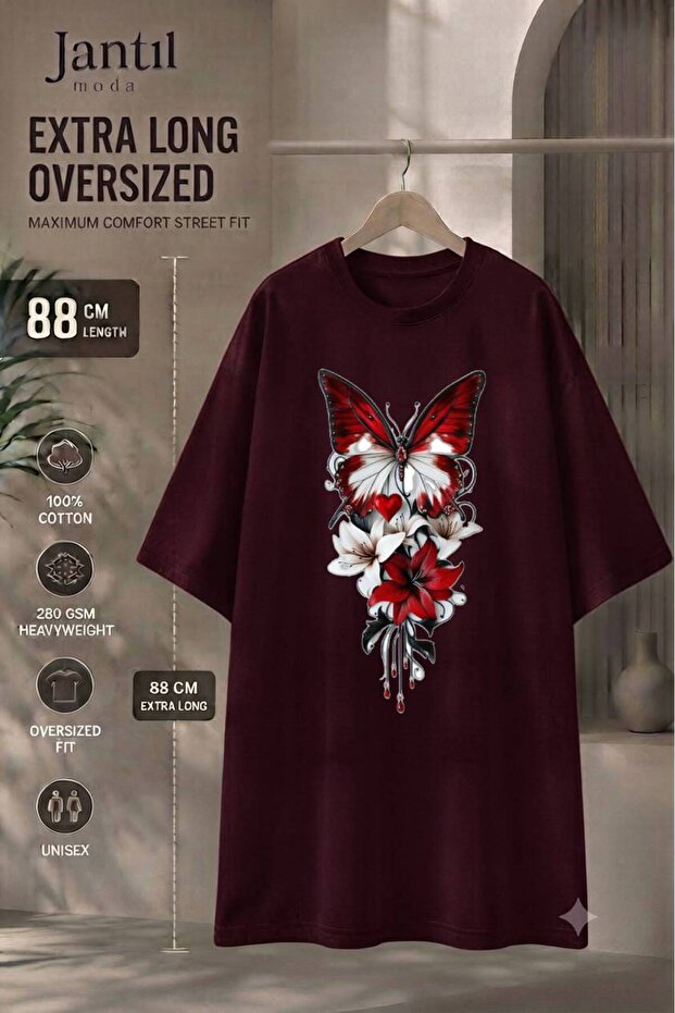 Crew Neck Butterfly and Floral Composition Printed Extra Long Oversize Tunic T-Shirt Short Sleeve