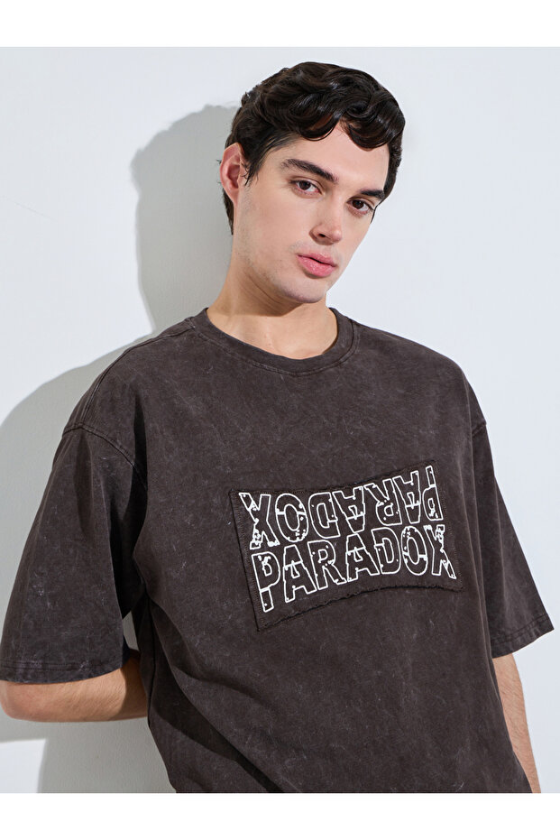 Brown Acid Wash Graphic Print Oversized T-Shirt