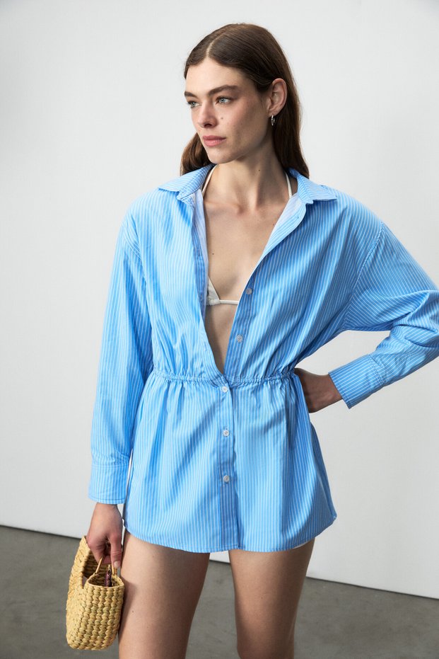 Zalcat women's 100% organic cotton striped detail lace-up waist mini shirt dress - blue stripes