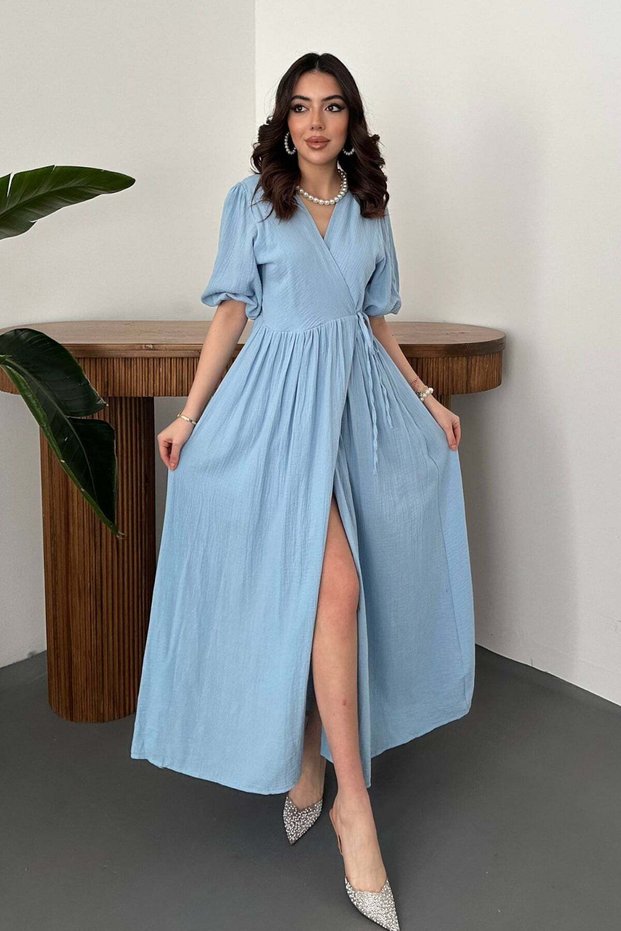 Women's Baby Blue Double Breasted Collar Belted Balloon Sleeve Slit Muslin Maxi Dress