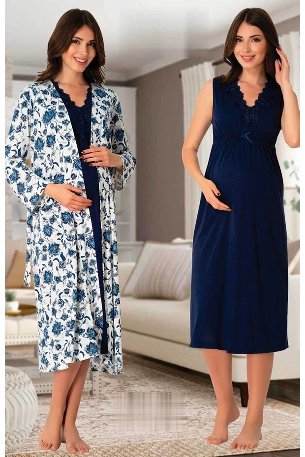 Dvina Maternity Patterned Dressing Gown and Strap Nightgown - Set of 2 - Navy Blue