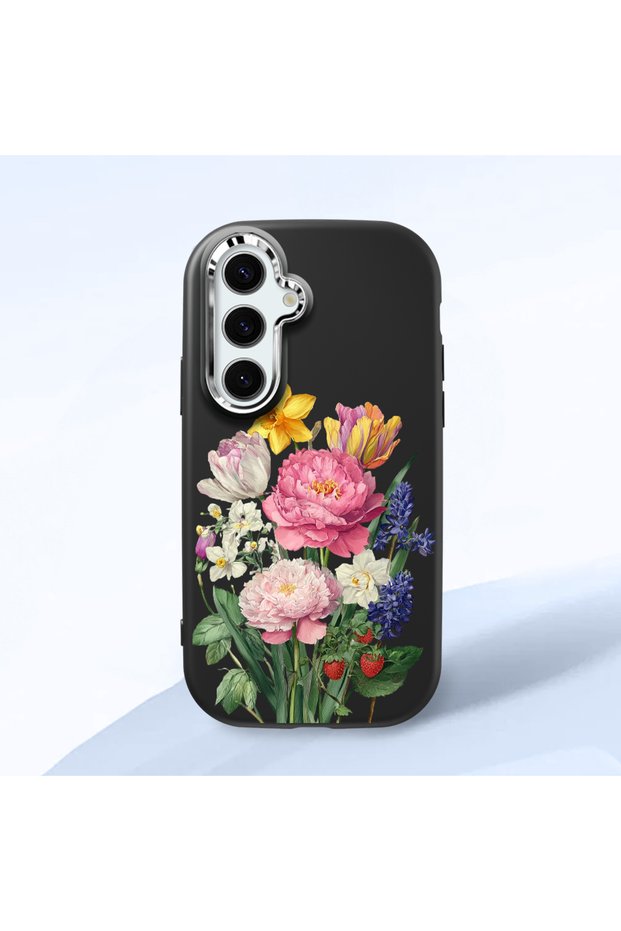 Samsung Galaxy S25 Compatible Case Camera Protector Black Silicone Couple Phone Case with Floral Pattern