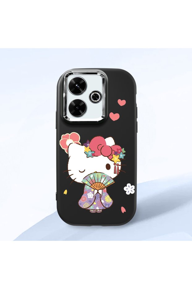 Poco M6 Compatible Case Camera Protector Black Silicone Couple Phone Case with Kitty Pattern