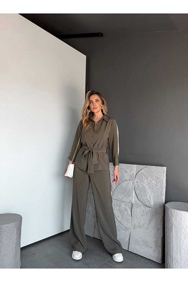 Premium Quality Belt Detailed Comfortable Cut Shirt and Trousers Two-Piece Set