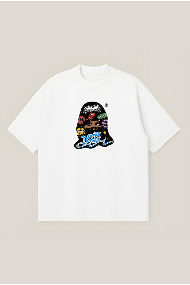 Street Snow Mask Printed Oversize Boxy Cut Unisex 100% Cotton Tshirt | Streetwear