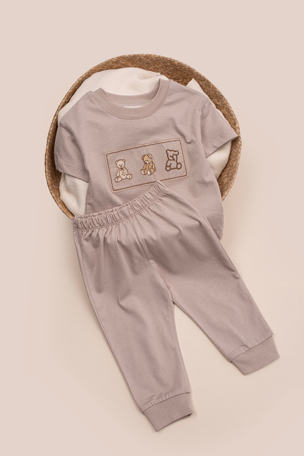 Teddy Bear Embroidered Boys' Set 100% Cotton 2-Piece Short Sleeve T-Shirt and Pants Summer Set