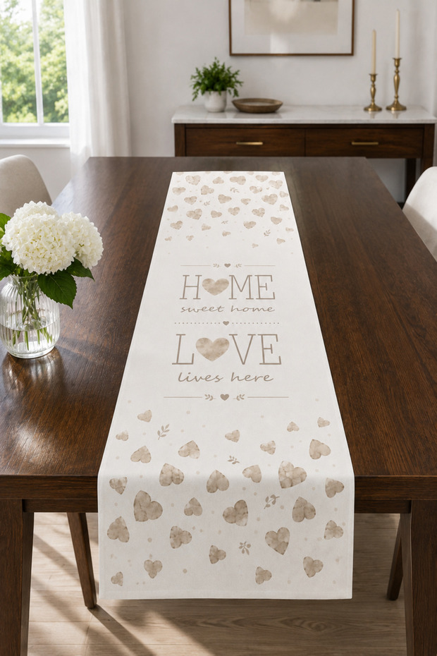 Beige Heart and Home Sweet Home Written Romantic Runner Tablecloth 40X140 cm