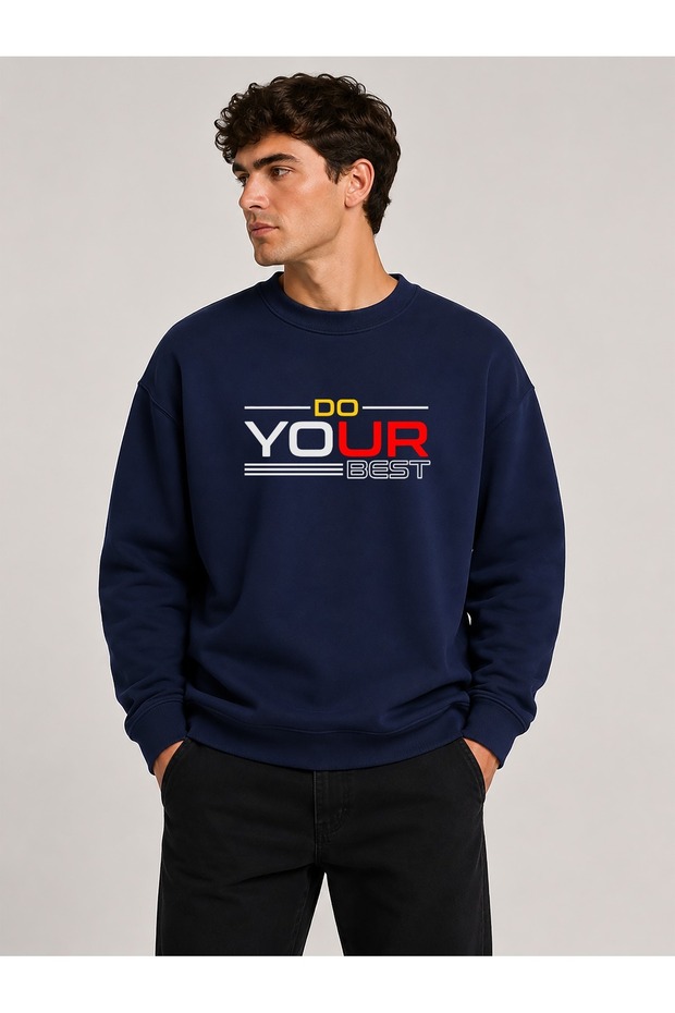 Your Best Harder Print Detailed Crew Neck 2 Thread Sweatshirt with Embroidery Detail