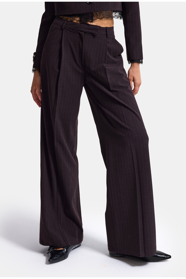 Women's Plum Striped W6-52 Palazzo Pleated Trousers