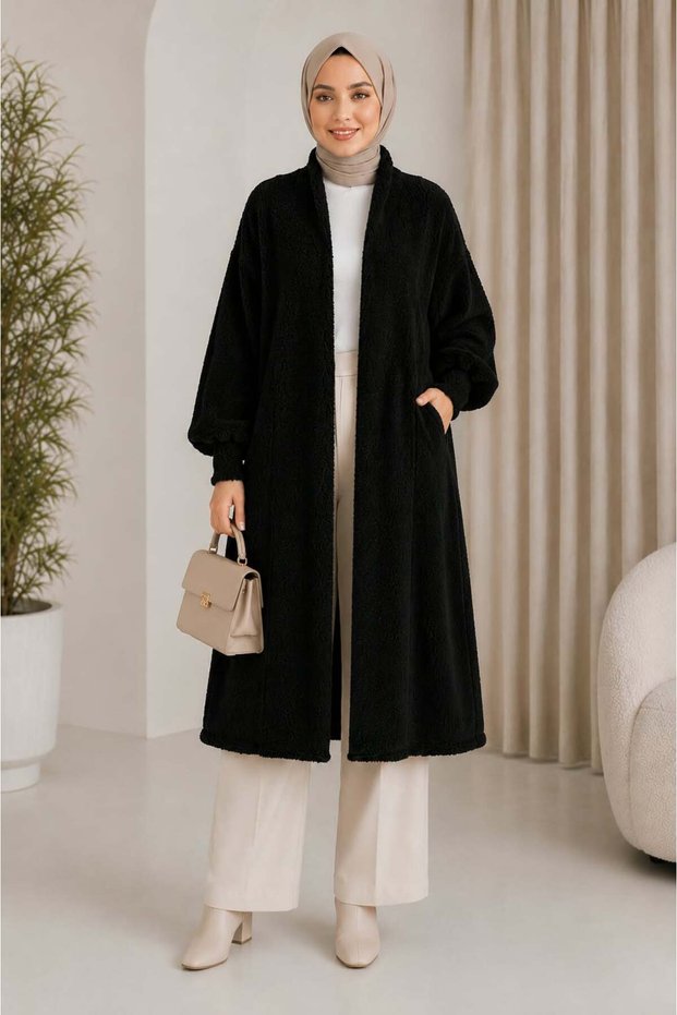 Women's Shawl Collar Oversized Knitwear and Long Cardigan with Bearded Fur
