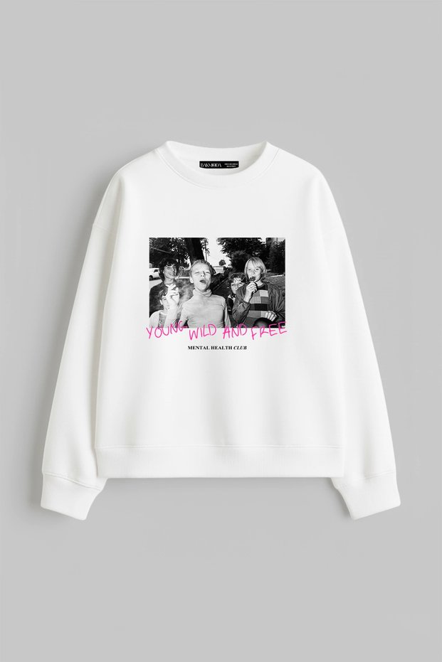 Young Wild N Free Printed Hoodless Relaxed Fit Women's White Sweatshirt