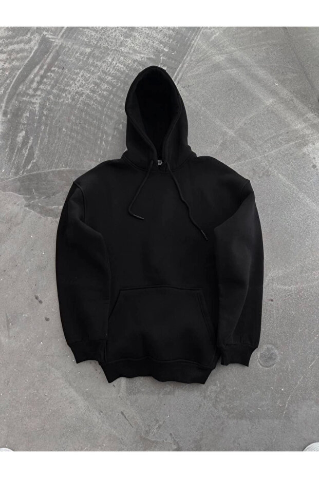 Hooded Three-Thread Combed Cotton Basic Sweatshirt - Black