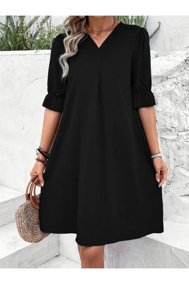 Women's Short Sleeve V-Neck Loose Janjan Crepe Dress