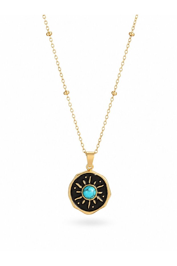 316L Steel Gold Color Blue Bead Sun Engraving Medallion Model Women's Necklace