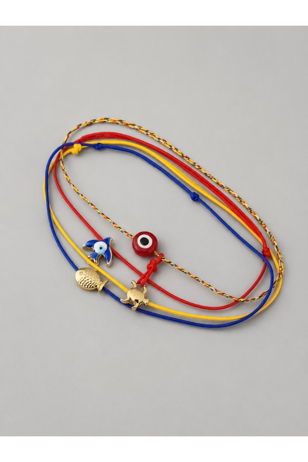 Set of 4 Tasseled Evil Eye Beads with Phoenix, Fish and Turtle Figures, Colorful String Adjustable Minimal Bracelet Set