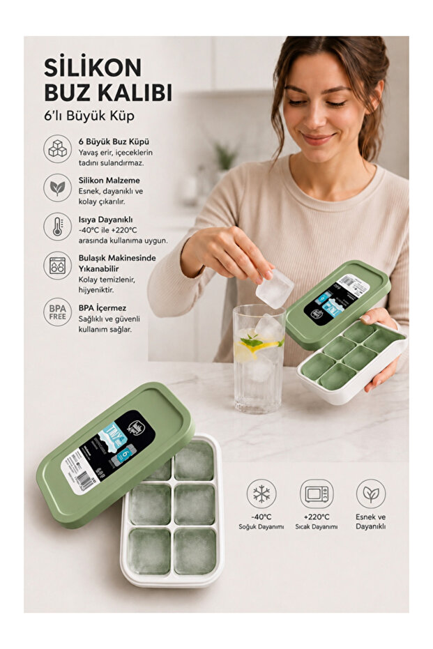 6-Compartment Large Size Silicone Ice Mold with Lid - 6-Piece Green Silicone Square Ice Tray Cocktail Ice Mold