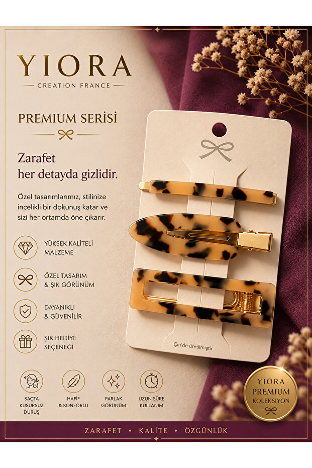 Women's 3-Piece Premium Series Imported Bone Turtle Pattern Non-Marking Hair Makeup Skin Care Side Clip Set 6cm