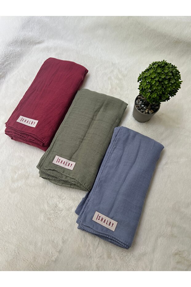 Hijab Plain Cotton Crash Shawl Set of 3 (Pastel Red - Sage - Blue)