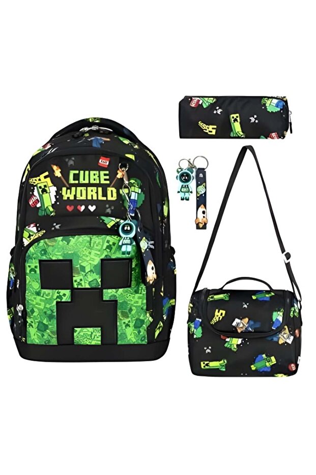 Cube Patterned Triple Children's Primary School School Bag Set (Bag Thermal Lunch Bag Pen Holder Keychain Accessory)