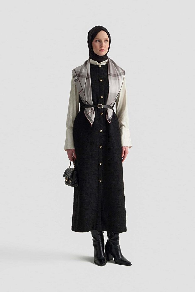Belt Detailed Tweed Gilet Dress Black