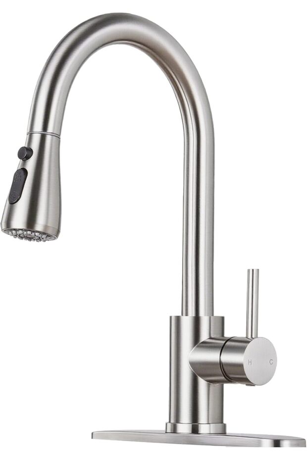 Kitchen Faucet Pull-Down Nozzle Brushed Nickel Single-Handle High-Curve Stainless Sink Faucet Countertop for RV Laundry Farmhouse Bar