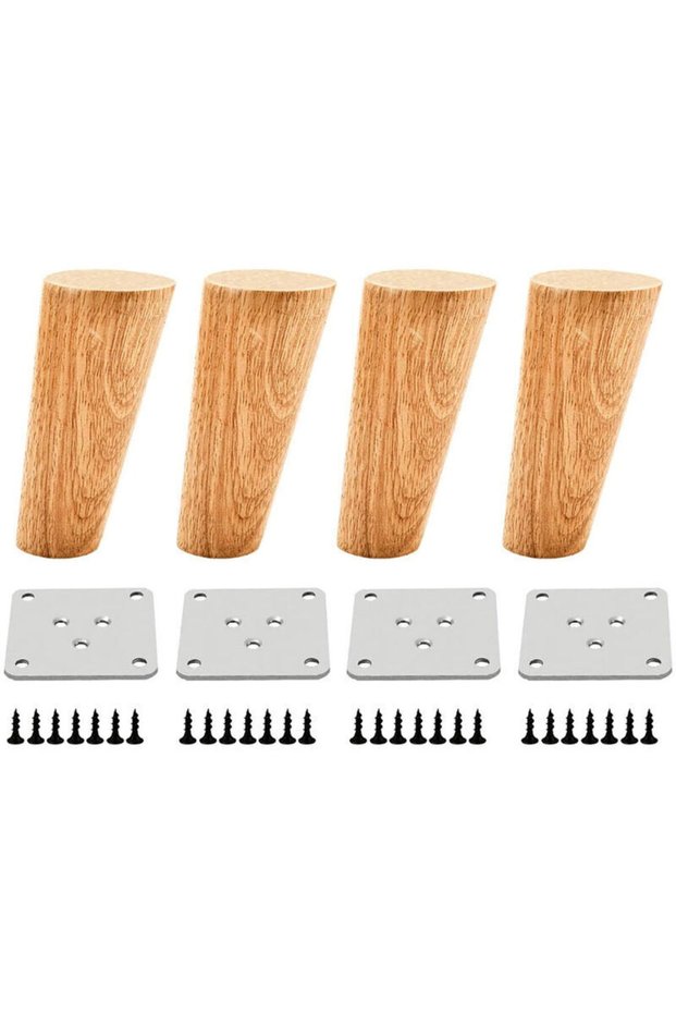 A set of 4 oak furniture legs, 10 cm wide – angled legs, suitable for tables, beds and wardrobes – includes mounting plate and screws.