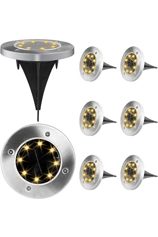 8 Pcs 8-LED Warm White Solar Ground Lights, IP65 Waterproof In-Ground Disk Lamps for Driveway, Patio, Path & Lawn Landscape