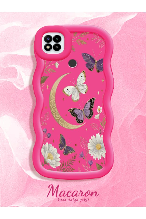 Poco C31 Compatible Wavy Frame Moon Butterfly and Flower Patterned Silicone Phone Case