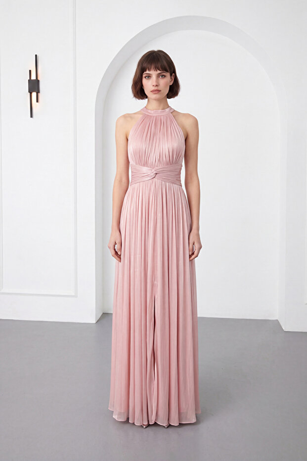Women's Powder Halter Neck Slit Long Jacquard Evening Dress