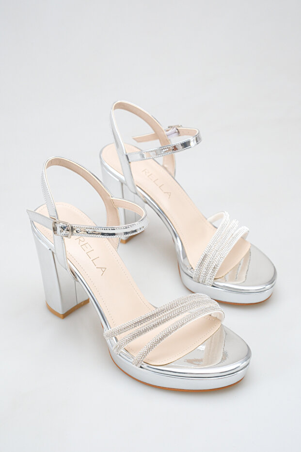 Silver Mirrored Stone Platform Thick Heeled Ankle Strap Evening Dress Women's Shoes