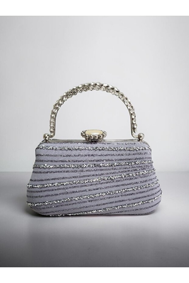 Gray Silver Double-Sided Shiny Stone Detailed Chain Evening Dress Bag 12×21