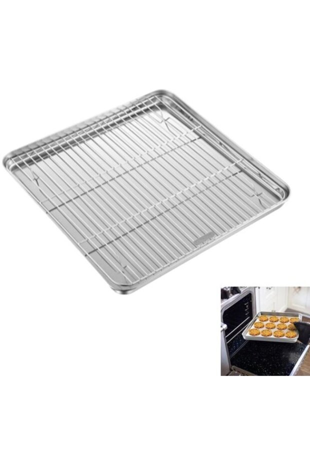1-Piece Baking Pan with Cooling Rack - Small Baking Pan with Cooling Rack - Suitable for baking cookies, bread, meats, etc. - 25×25×2.5 cm - Silver
