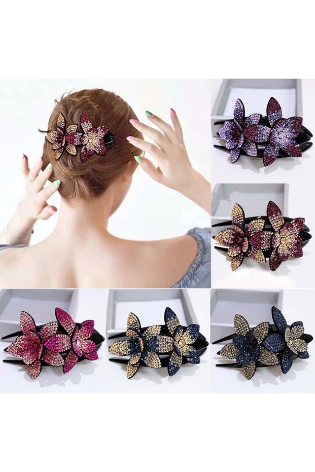 5-Piece Double Flower Rhinestone Hair Clips for Women, Exquisite Crystal Hair Clips, Thick and Long Decorative Hair Accessories
