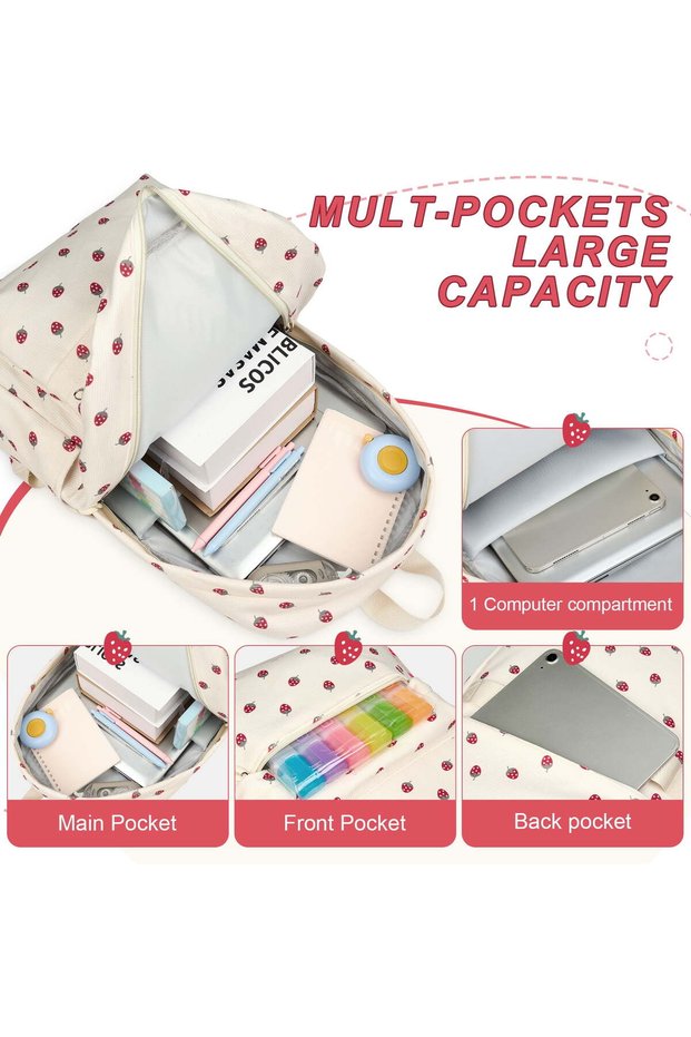 Cute and girly backpack for children, teenagers, and girls. Large capacity, lightweight, and suitable for everyday use. Beige and strawberry design.
