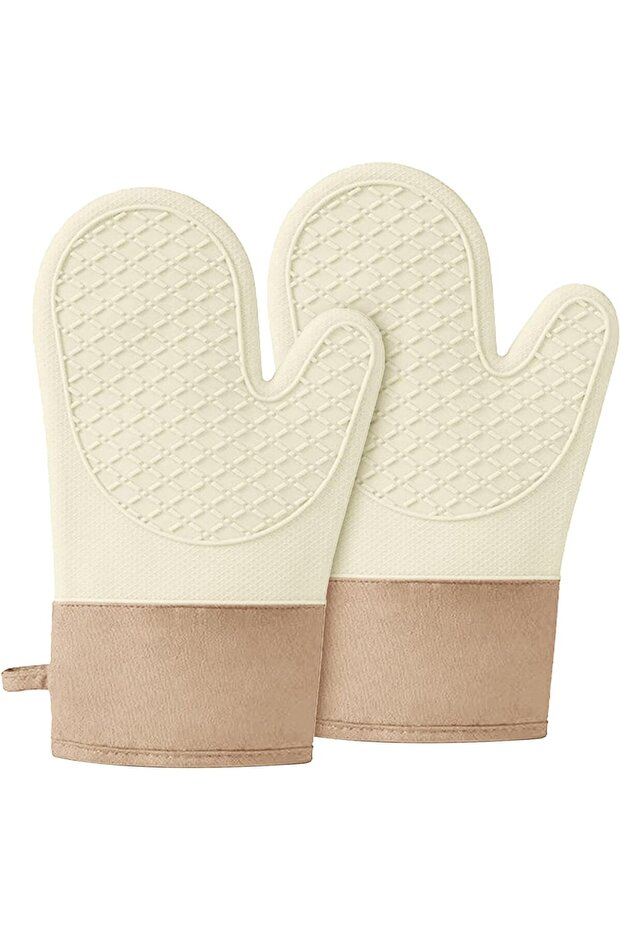 Silicone Oven Mitts High-Temperature Resistant Soft Lining Non-Slip Kitchen Essential Apartment Gift Beige 1 Pair