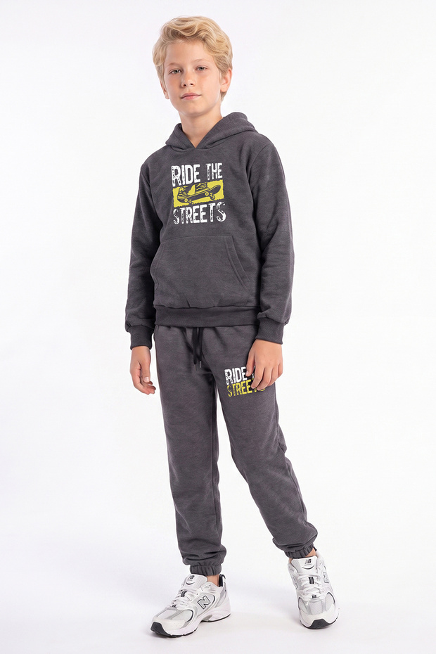 Boy's Printed Kangaroo Pocket Hooded Tracksuit Set