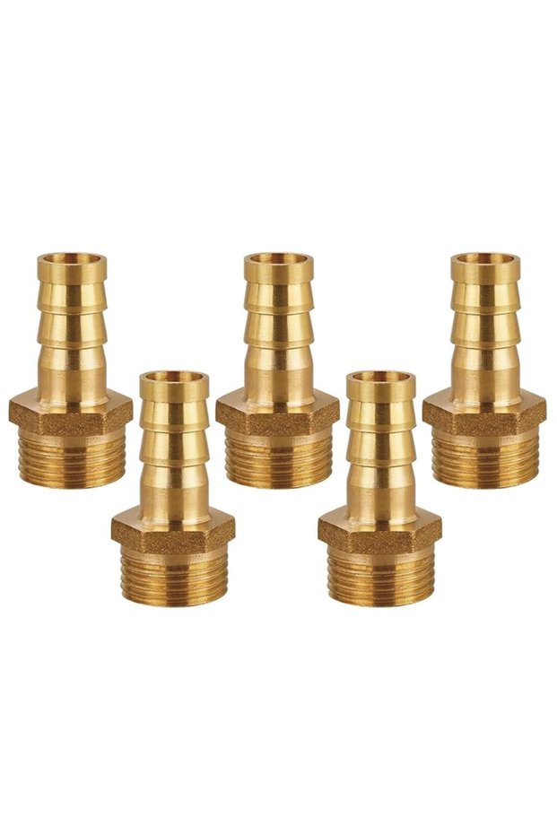 Five brass hose fittings, 10mm x 1/2 inch external thread, suitable for air, gas, water, and fuel.