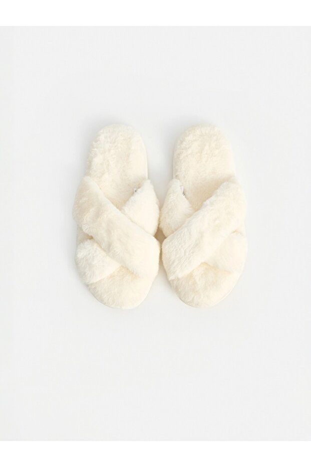 Women's Slippers Fluffy Plush Cross-Strapped Ecru Soft Winter Home Slippers Open Toe Artificial Feather W6I212F8