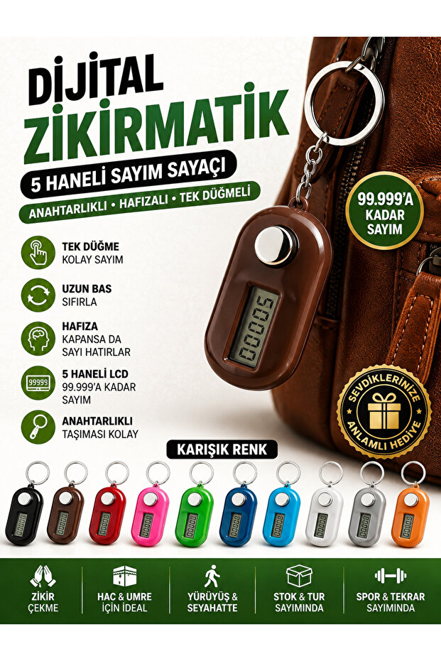 Digital Zikirmatik Counter with Keychain - 5-Digit Lcd Display Digital Prayer Counter (Mixed Colors)