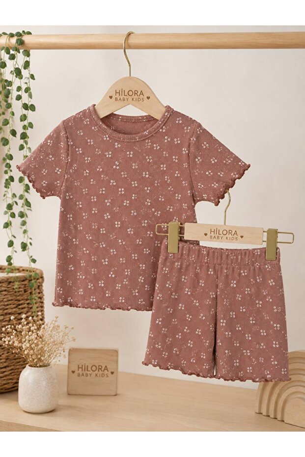 Girl's Ribbed Floral Patterned Shorts Set Summer 2-Piece Set