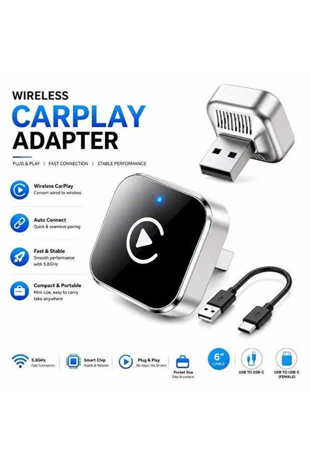 2-in-1 Wireless CarPlay & Android Auto Adapter, USB/USB-C Dongle, Silver