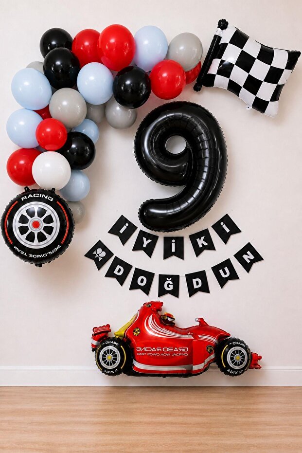 9Th Birthday Race Car Themed Birthday Party Celebration Balloon Set – Red, Black, and Gray Decoration Set