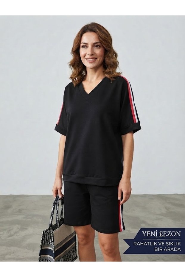 Flexible Lycra Oysho Fabric Comfort! Side Stripe Detailed Casual V-Neck 2-Piece Set