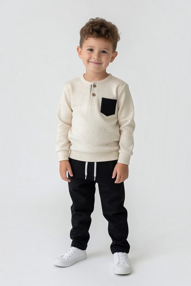 Collar Button Detail, Gray Fabric Cotton Black Boys' Suit