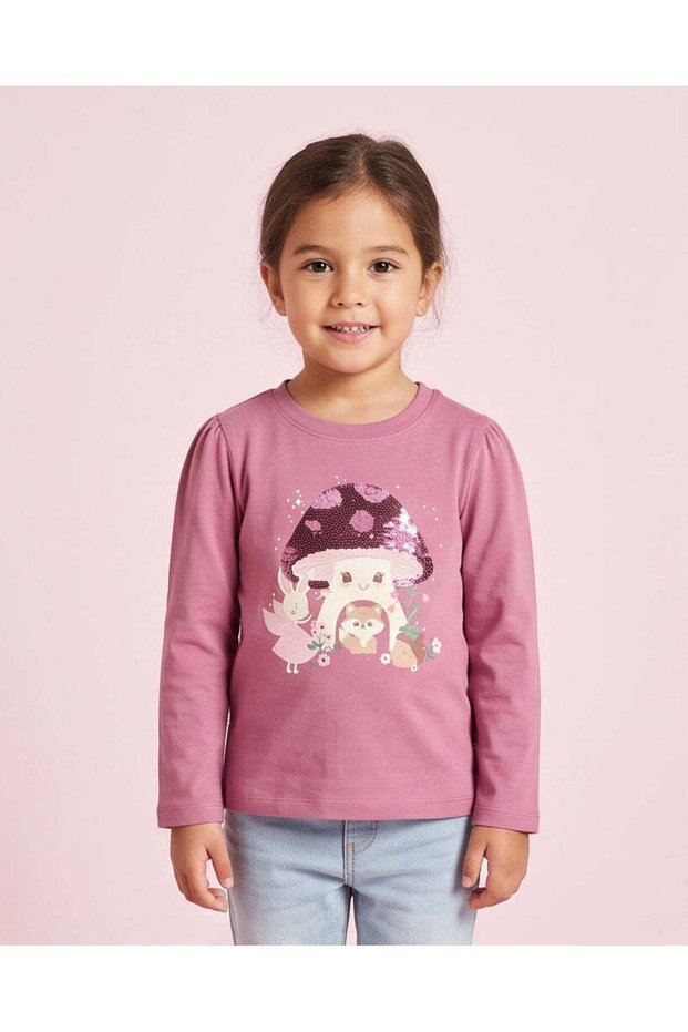 Girls Mauve Sequin Mushroom Graphic Long Sleeve T-Shirt