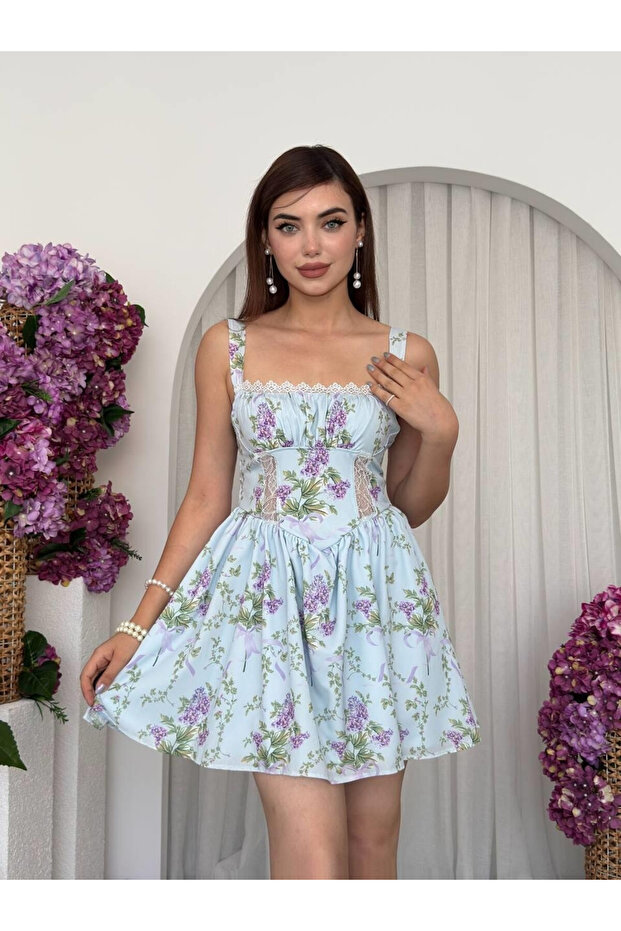 Women's Blue Mini Dress with Floral Pattern, Straps, Lace Detail, Flared Cut
