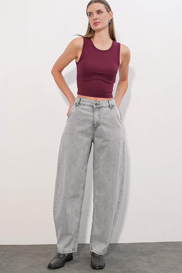 6689 Women's High Waist Baggy Jeans - Gray