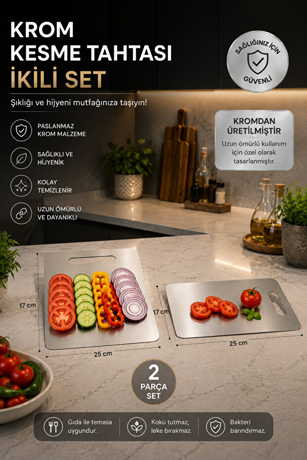 Chrome Cutting Board Double Set 33X23 & 25X17 cm Stainless Steel Cutting Board Hygienic Kitchen Board