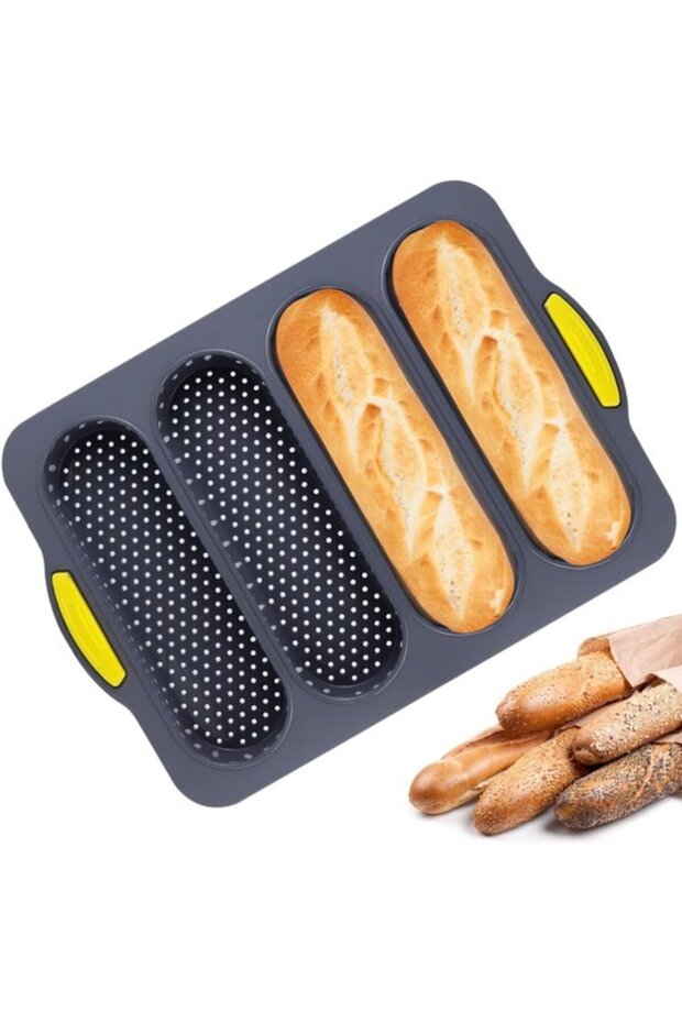 Baguette baking pan, silicone non-stick four compartments, for home baking.