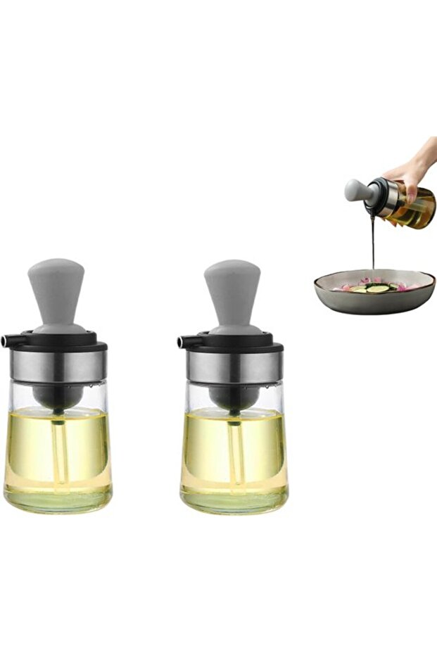 Two-piece glass oil bottle set with brush, suitable for grilling and baking, gray.